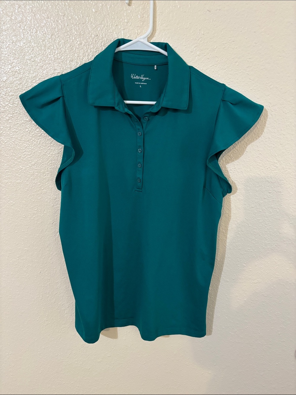 Walter Hagen Teal Button-Front Ruffle Sleeve Polo Size L